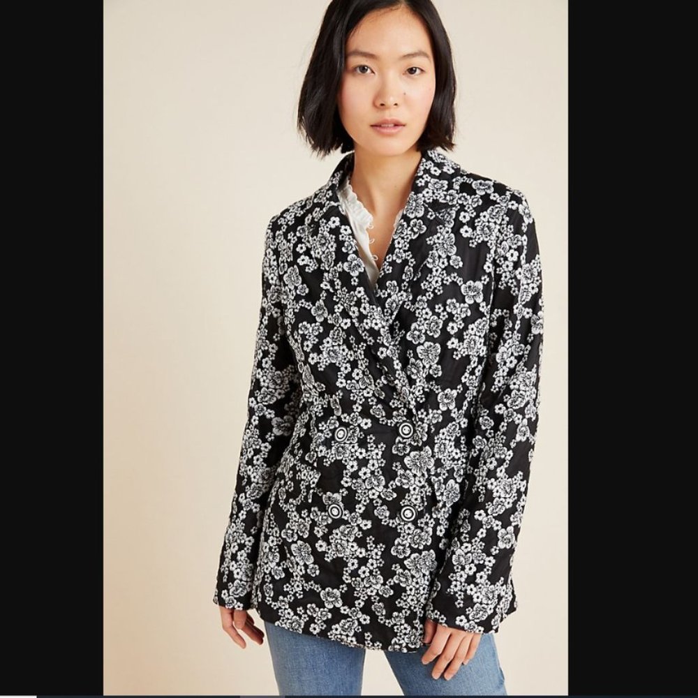 Anthropologie Eva Franco Floral Embroidered Black and White Blazer Jacket NWT - Picture 3 of 6